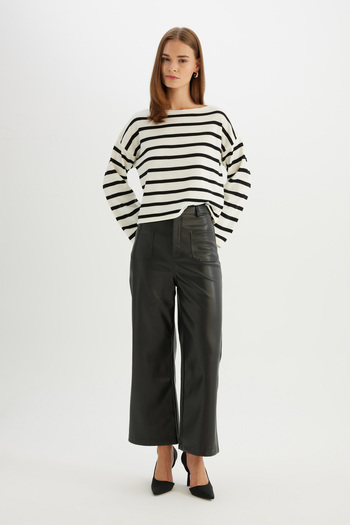 DeFacto Culotte Double Pocket High Waist Straight Leg Faux Leather Trousers