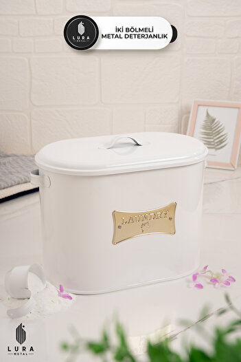 Lura Metal 2 Compartments White Metal Lid Metal Tablet and Powder Detergent Storage Box - 12 Lt