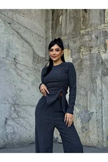 Ekim Store Long Sleeve Side Gathered Blouse Trousers Set