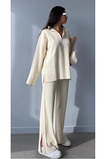 YILMAZ Women's Ecru Knitwear Set with Ribbed Collar and Side Zipper - Slit Leg