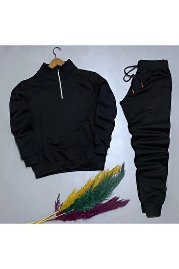 NewCabin New Season Half Zippered Black Cotton Sweatshirt and Sweatpants Set of 2