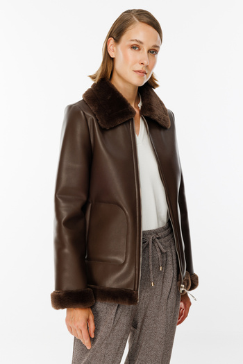 Ekol Brown Faux Leather Coat - Fur Collar