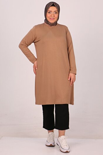 Eslina 38501 Large Size Basic Combed Cotton Tunic - Mink