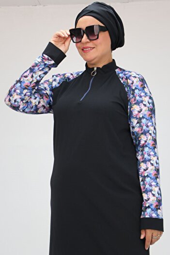 Eslina 1732 Model - Large Size Blue Floral Patterned Turtleneck Hijab Swimsuit