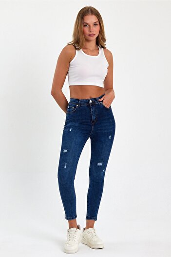 geenz manifacture Yüksek Bel Dar Paça Power Likra Toparlayıcı Lazer Yırtık Detaylı Süper Skinny Likralı Kot Pantalon