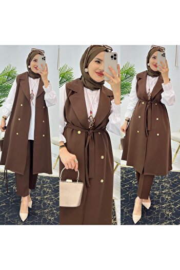 cool partyshop Women's Double Set Double Crepe Fabric Trousers and Long Vest