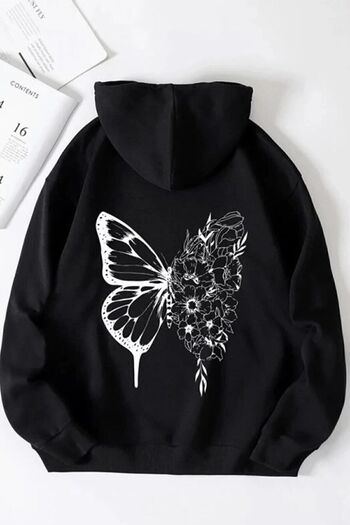 Pink Sky Μαύρο Oversize Floral Butterfly Γυναικείο φούτερ