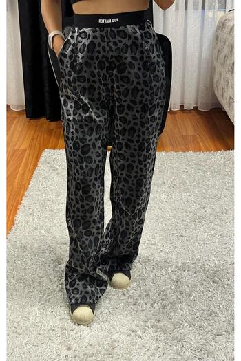 SHINE STYLE Leopard Pattern Wide Leg Trousers with Rubber Detail