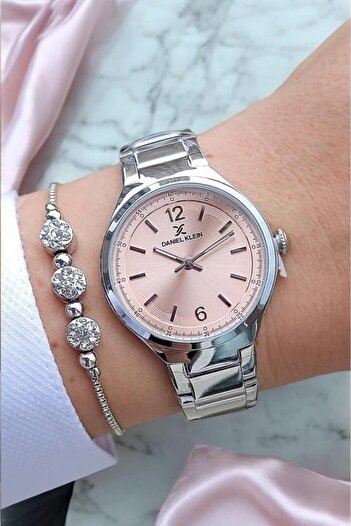Daniel Klein Pink Dial Steel Bracelet Women's Wristwatch - Jewelled Bracelet Gift