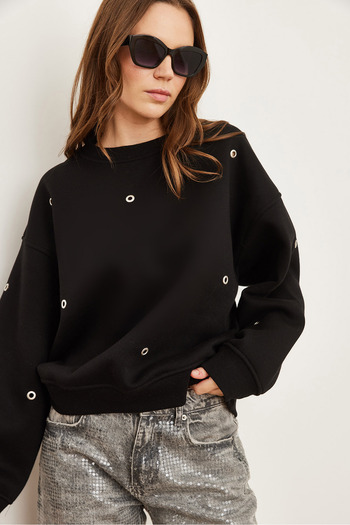 Olalook Women's Black Bird Eye Detailed Raised Premium Sweatshirt Swt- 19000672