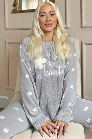 Pijamaevi Szürke Hello téli mintás női plüss pizsama szett