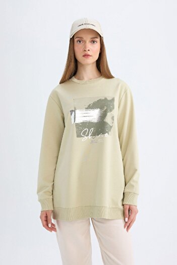 DeFacto Regular Fit Crew Neck Shiny Printed Sweatshirt Tunic D7572Ax24Wn