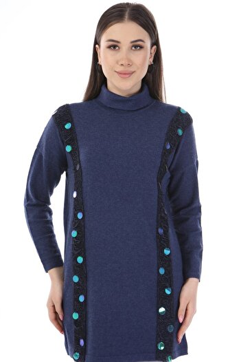 FTZ WOMEN Tricotaj de damă cu paiete și paiete cu detaliu de panglică Indigo 21-1328