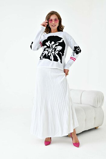 FTZ WOMEN Ecru Women's Set - Floral Patterned Skirt, Model 20125