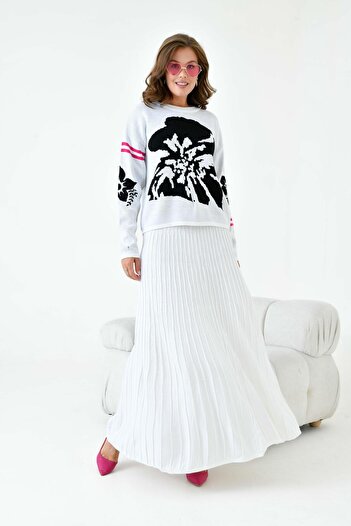 FTZ WOMEN Ecru Women's Set - Floral Patterned Skirt, Model 20125