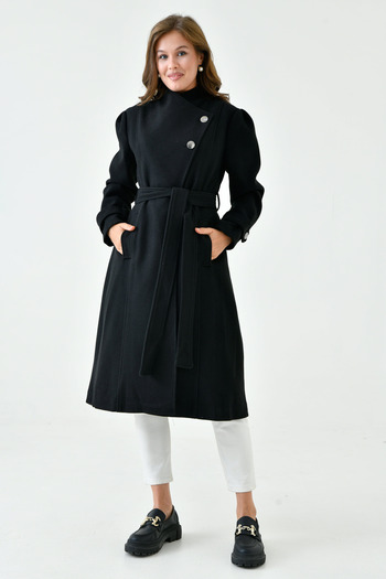 WOMAN VISION Women's Buttoned Double Breasted Collar Belted Lined Long Sleeve Black Stamp Coat 9003