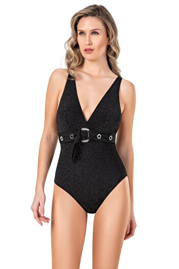 Endeep Women's Bird Eye Detailed Belted Black Swimsuit