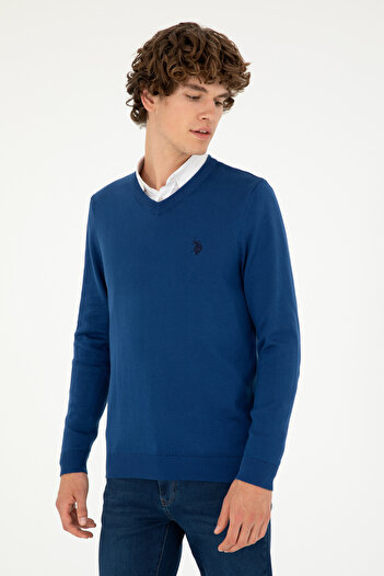 U.S. Polo Assn. Erkek Slim Fit V Yaka İndigo Basic Kazak 50293512-VR028