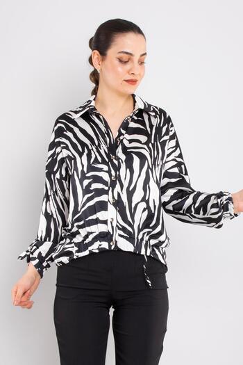 AYHAN 50630-4 Leopar Desen Kol Ucu Beli Bağcıklı Saten Bluz
