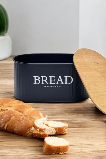 hemlife Metal Bread Bowl with Wooden Lid, Bread Box Black