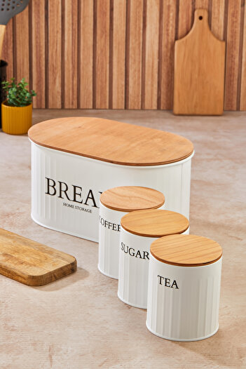 hemlife Metal Bread Bowl with Wooden Lid, Tea, Coffee, Sugar Set of 4 White/Wood