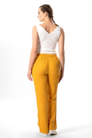 Eliş Şile Bezi Mustard Muslin Women's Summer Trousers - Lace-Up Waist, Double Pocket