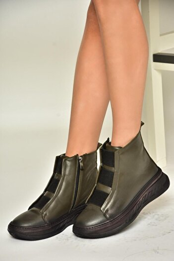 Fox Shoes T555130103 Haki Hakiki Deri Comfort Ortopedik Taban Kadın Bot