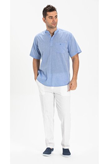 Eliş Şile Bezi Tricou de vară pentru bărbați - mânecă scurtă, pânză șile, guler judecător, un singur buzunar, albastru 3032