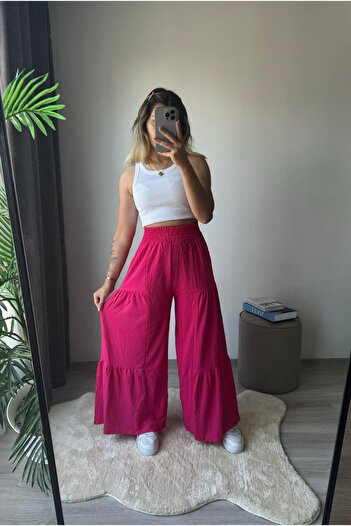 dossy dossy Elastic Waist Wide Leg Loose Linen Trousers