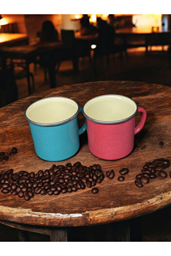 emaye market Enamel Mug 400 ml Vintage 10 cm Camping Coffee Tea Cup 2 Pcs Turquoise Red