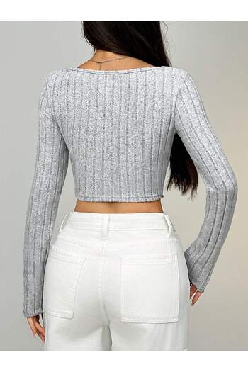 Fashion'S Gray Front Twisted Mold Collar Long Sleeve Winter Crop