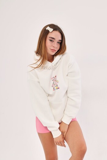 The Champ Clothing Λευκό Unisex Hoodie - Hooded, Fleece Floral Pattern, Teddy Bear Printed