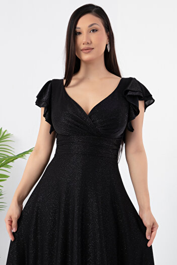 PULLIMM Glitter Detailed Sleeve Flounce Evening Dress - 39925