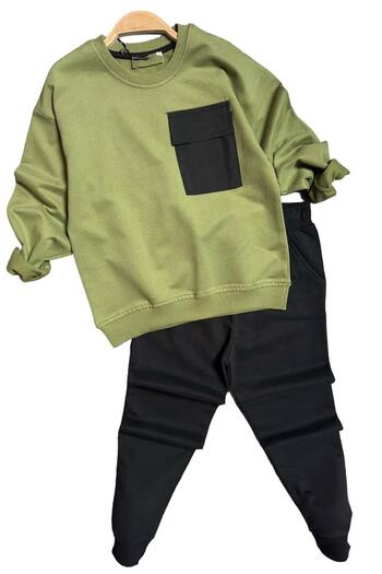 Riccotarz Φούτερ Boy's Cover Pocket Crew Neck Φούτερ Χακί Πράσινη φόρμα