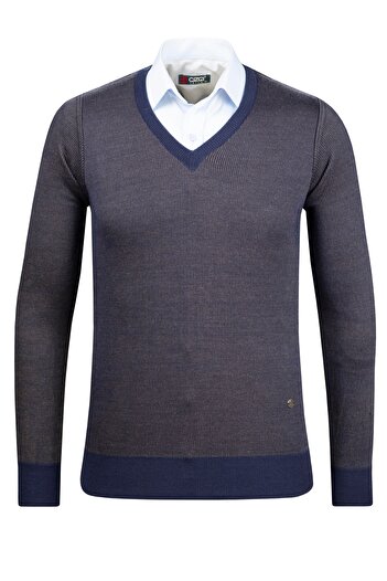 Çizgi Triko Men's V-Neck Stripe Knitwear Sweater - Patterned Sleeve and Waist Elastic, Steel Knit Classic Fit - 5015D