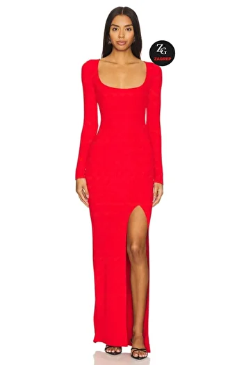 Zagrep Women's Red Slit Oval Collar Lined Non-Showing Maxi Dress
