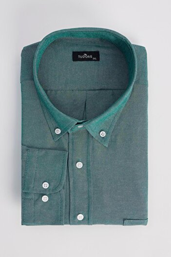 Tudors Men's Big Size Large Size Embroidered Oxford Texture Pocket Green Collar Buttoned Shirt