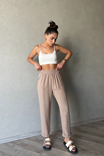 Seda Yalçın Atelier Beige Linen Trousers with Waist Detail
