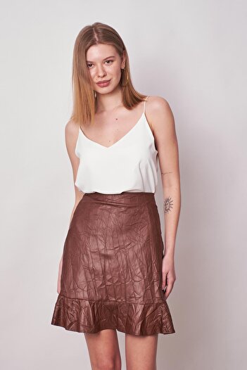 Jument Women's Craş Leather High Waist Skirt Flounced Lined Pencil Skirt (length: 50cm +-2cm) - Tan