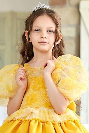 Riccotarz Girl - Yellow Flower Detailed Ruffle Evening Dress