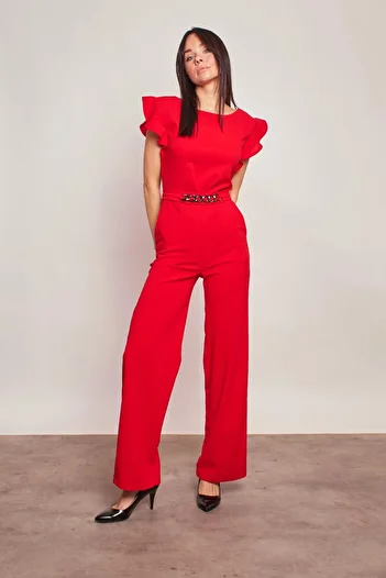 Jument Stylish Office Evening Dress Jumpsuit with Lycra Thick Crepe Fabric Sleeves and Frilly Accessories - Red