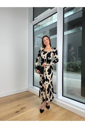 modaçelikler Square Collar Shoulder Padded Waist Belt Looking Women's Patterned Color Dress 24Y138