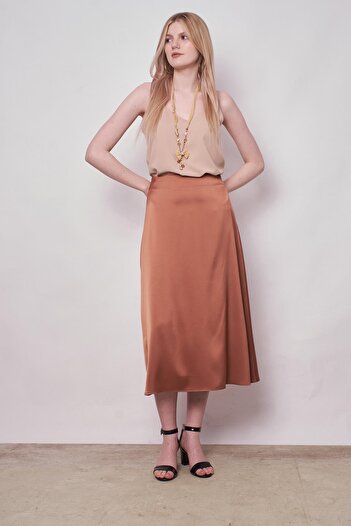 Jument Women's Lycra Free Satin Fabric High Waist Bell Skirt-Camel