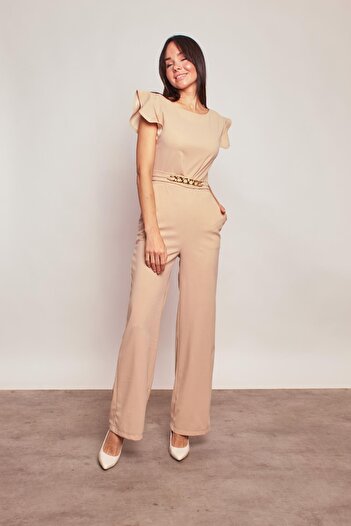 Jument Stylish Office Evening Dress Jumpsuit with Lycra Thick Crepe Fabric Sleeves and Frilly Accessories - Beige