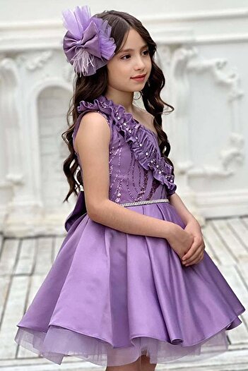 Riccotarz Girl's One Shoulder Stone Detailed Fluffy Purple Evening Dress with Skirt