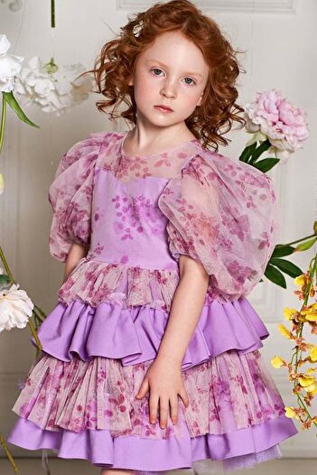 Riccotarz Purple Flower Detailed Girl's Evening Dress - Katkat Ruffle