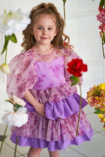 Riccotarz Purple Flower Detailed Girl's Evening Dress - Katkat Ruffle