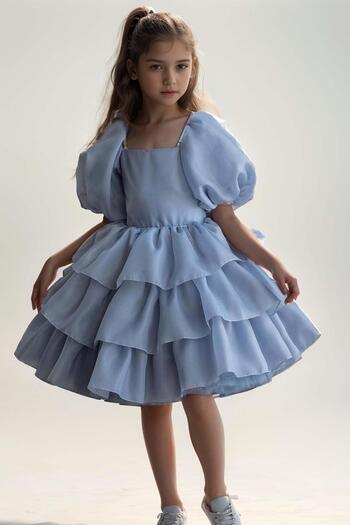 Riccotarz Blue Girl's Evening Dress with Balloon Sleeves - Layered Skirt and Ruffle Lined