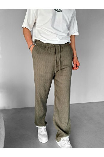 ablukaonline Men's Baggy Fit Patterned Elastic Waist Casual Pants Green
