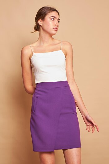Jument High Waist Wrap Double Breasted Cotton Lycra Fabric Pencil Office Skirt -Purple